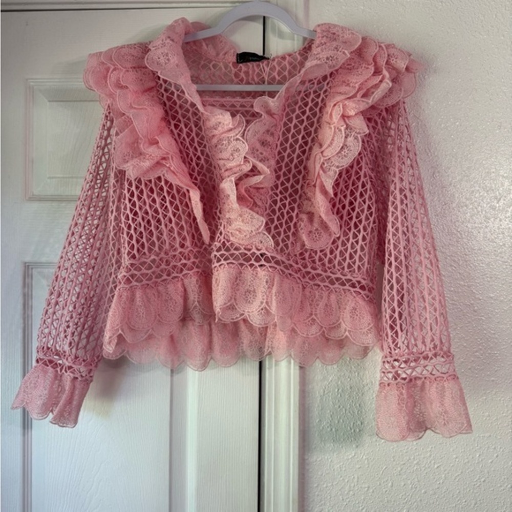 N by Nancy Pink Lace Ruffle crochet Blouse